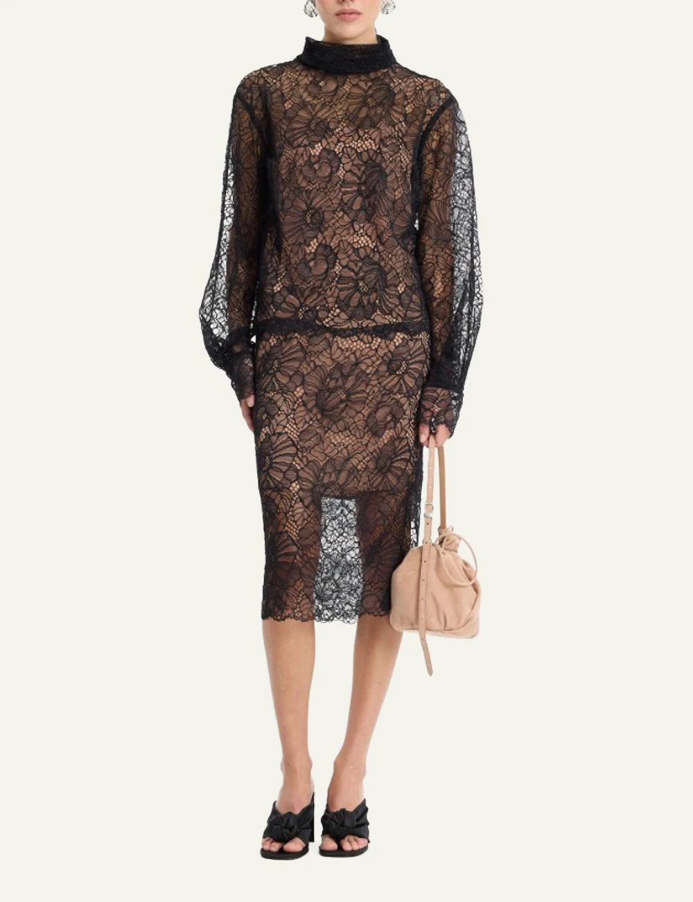 Rotate Lace Long Sleeve Blouse black me floral lace pattern front view full body