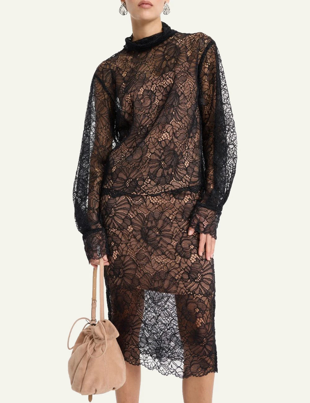 Rotate Lace Long Sleeve Blouse black me floral lace pattern front view model