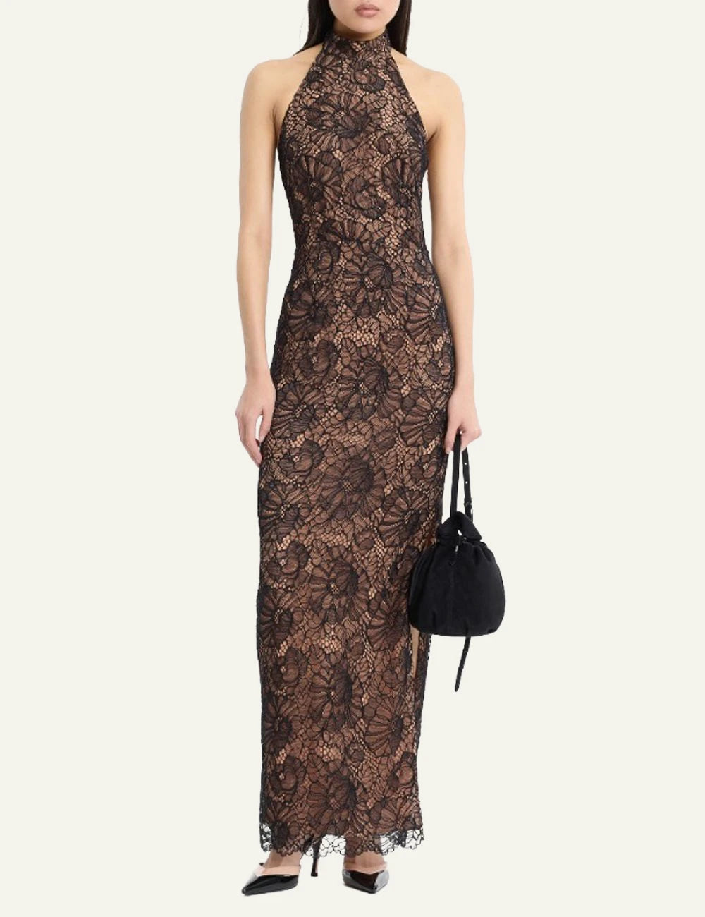Rotate Lace Halterneck Dress black me floral lace pattern front view full body