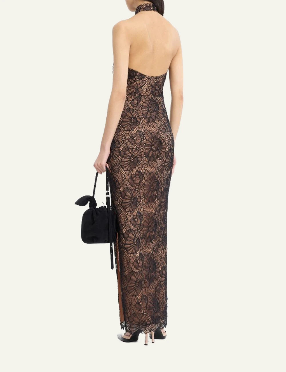 Rotate Lace Halterneck Dress black me floral lace pattern back view