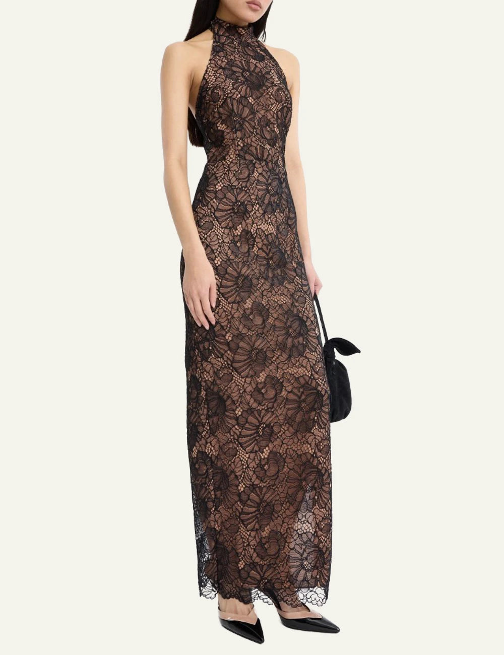 Rotate Lace Halterneck Dress black me floral lace pattern side view