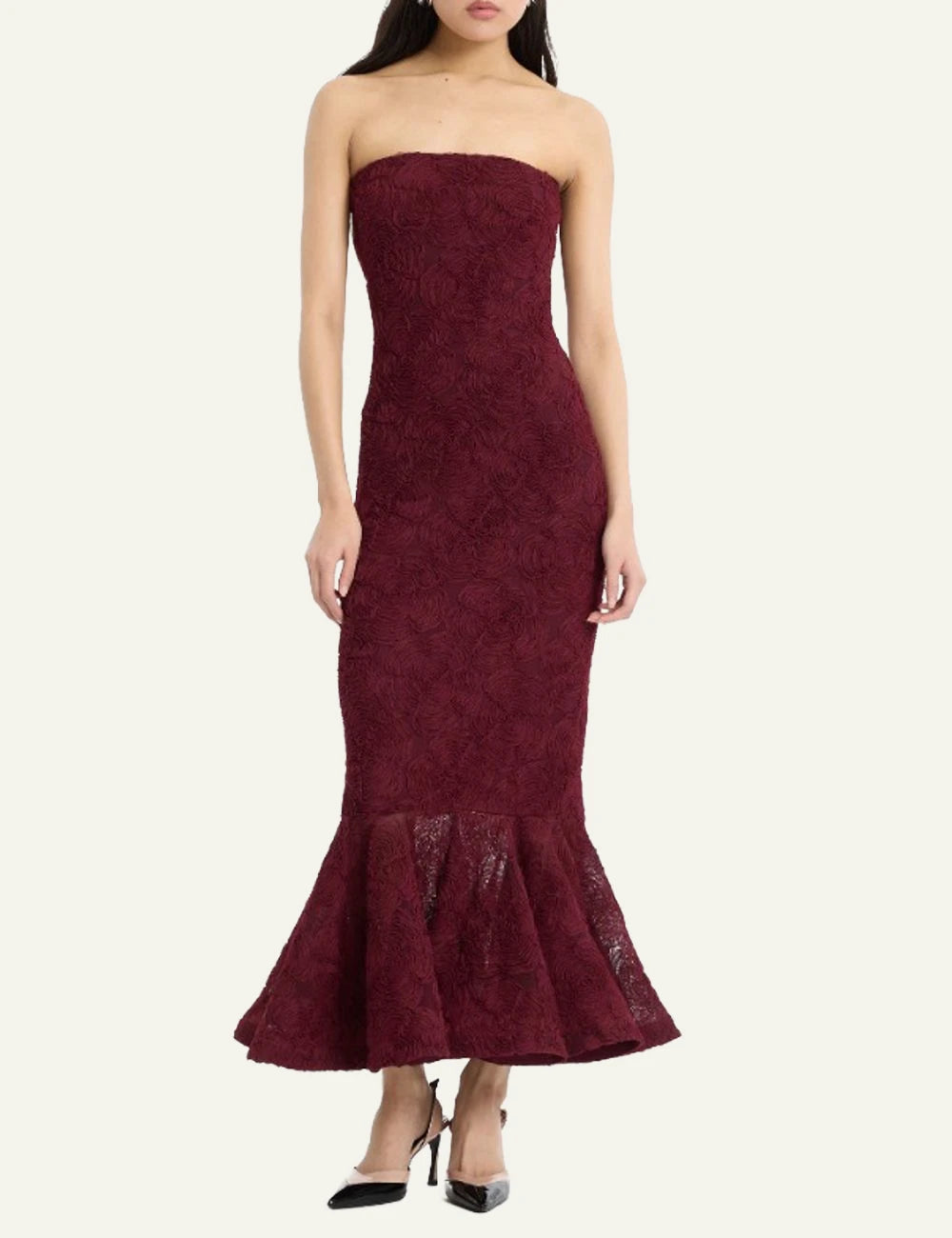 Rotate bordeaux floral mesh maxi dress with flounce hem front view full look