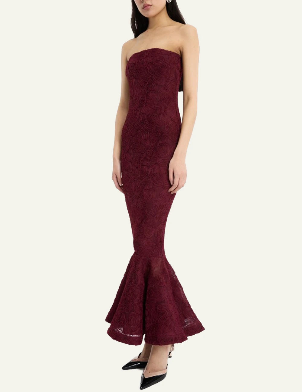 Rotate bordeaux floral mesh maxi dress with flounce hem side view