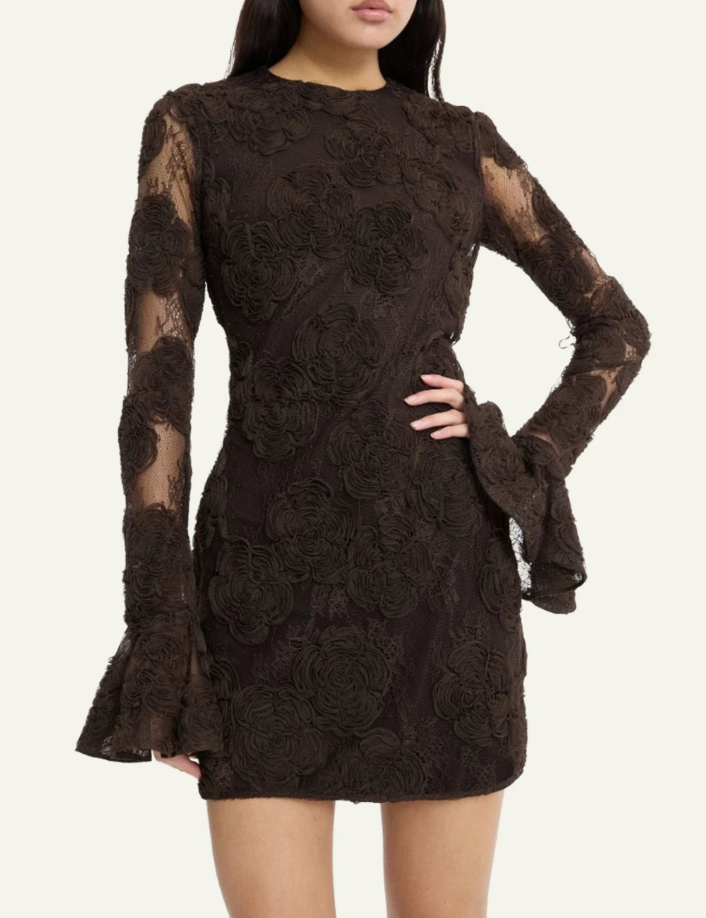 Rotate dark brown 3D floral lace mini dress with sheer sleeves front view