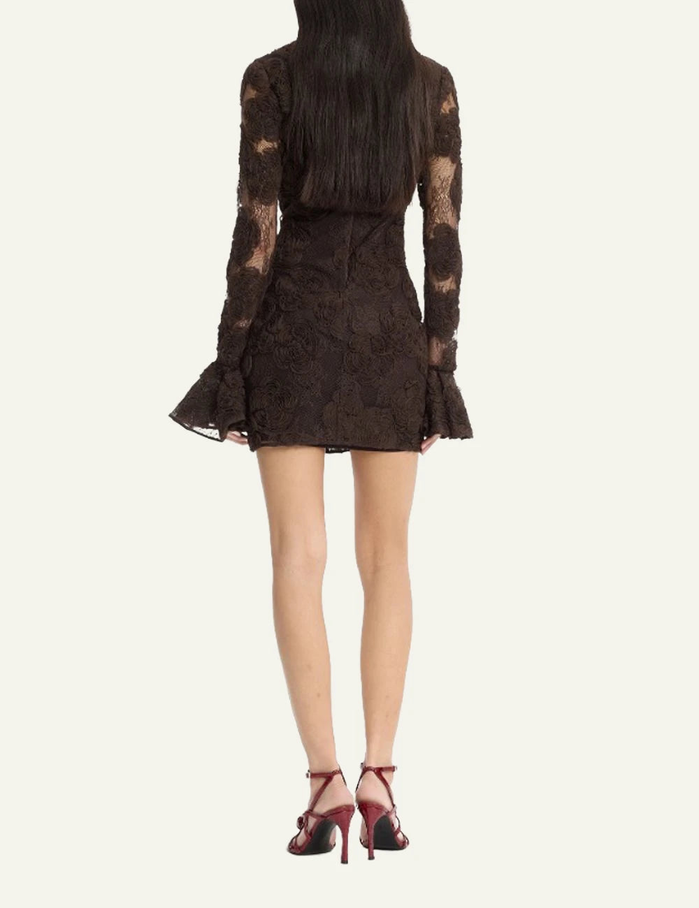 Rotate dark brown 3D floral lace mini dress with sheer sleeves back view