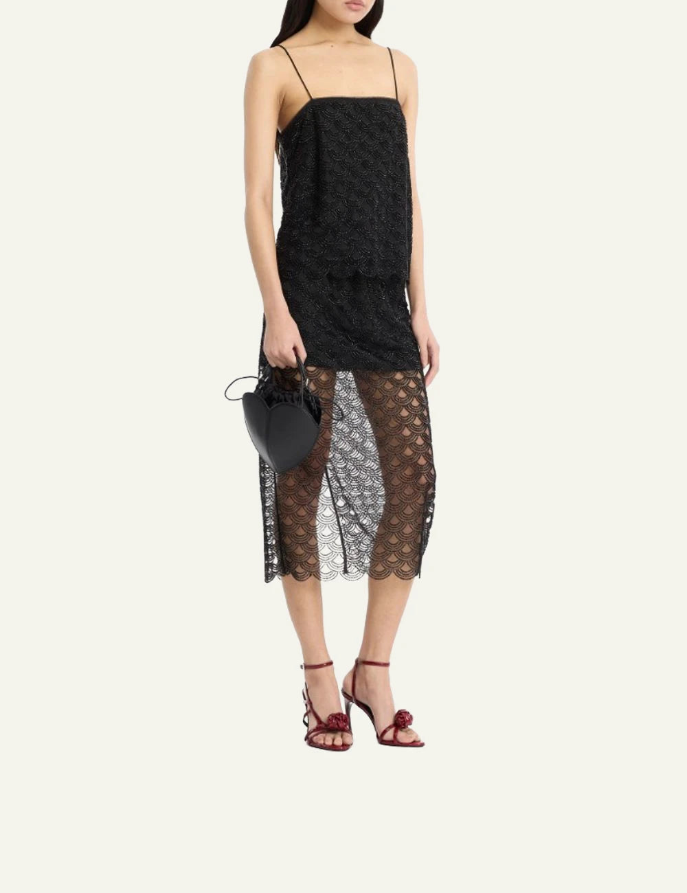 Rotate black sequins slip top with scalloped pattern front view full look