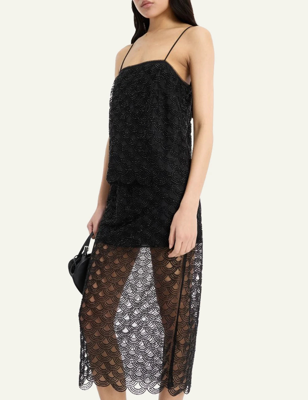 Rotate black sequins slip top with scalloped pattern side view