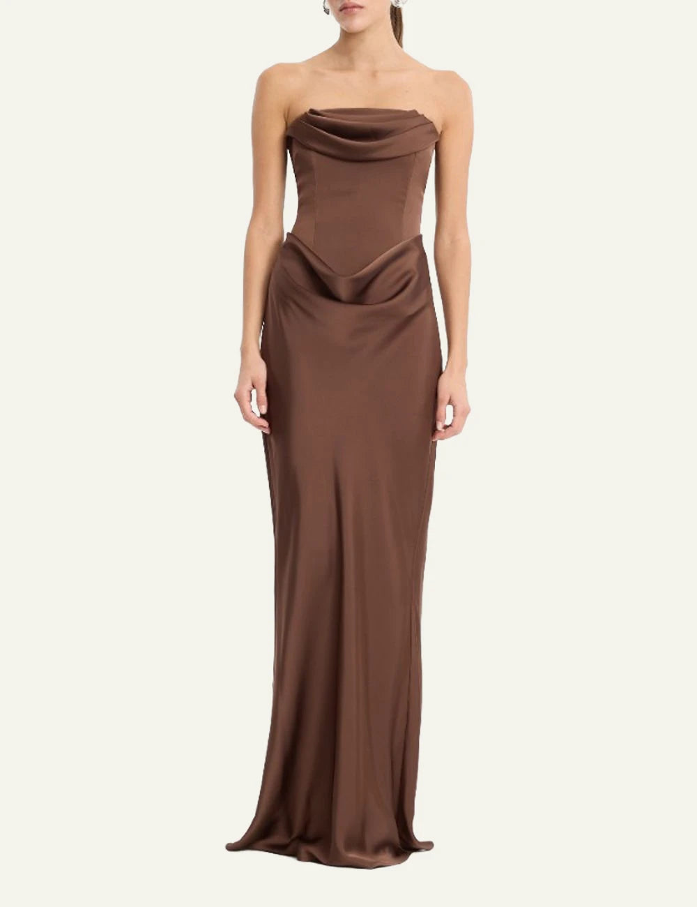Rotate dark brown corsage maxi dress with draped neckline front view full look