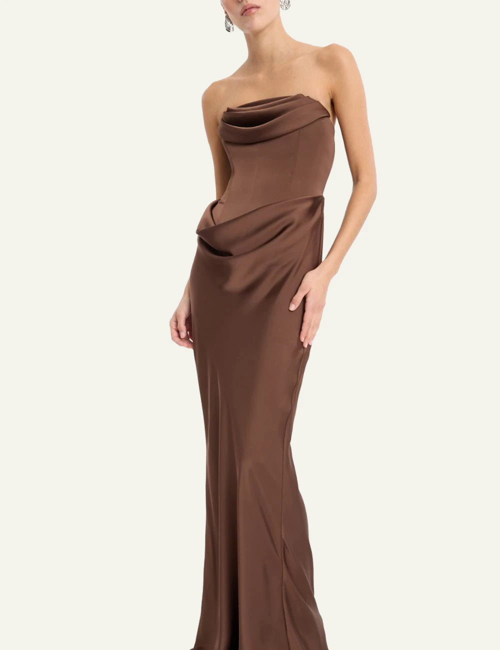 Rotate dark brown corsage maxi dress with draped neckline cl;ose up view