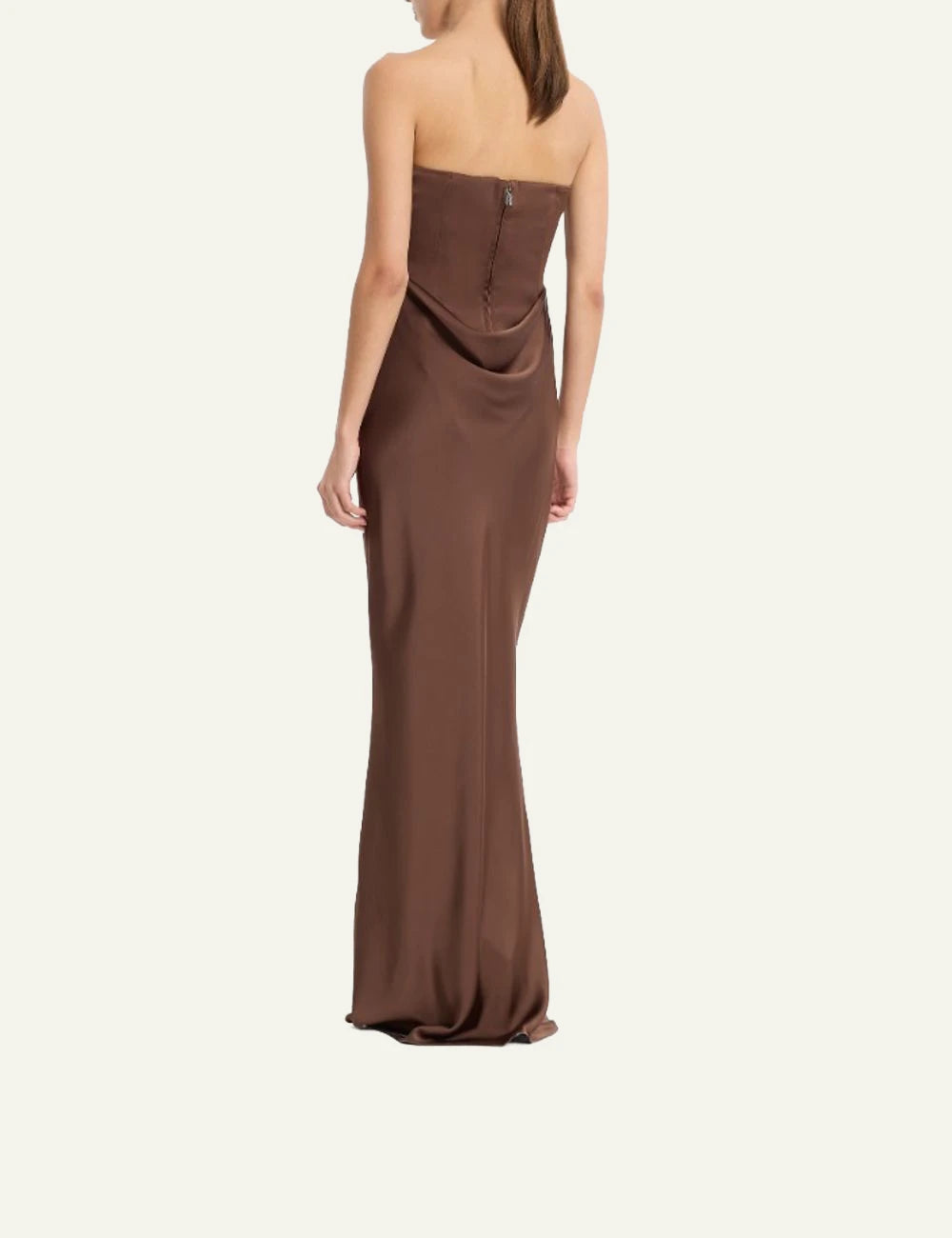 Rotate dark brown corsage maxi dress with draped neckline back view 