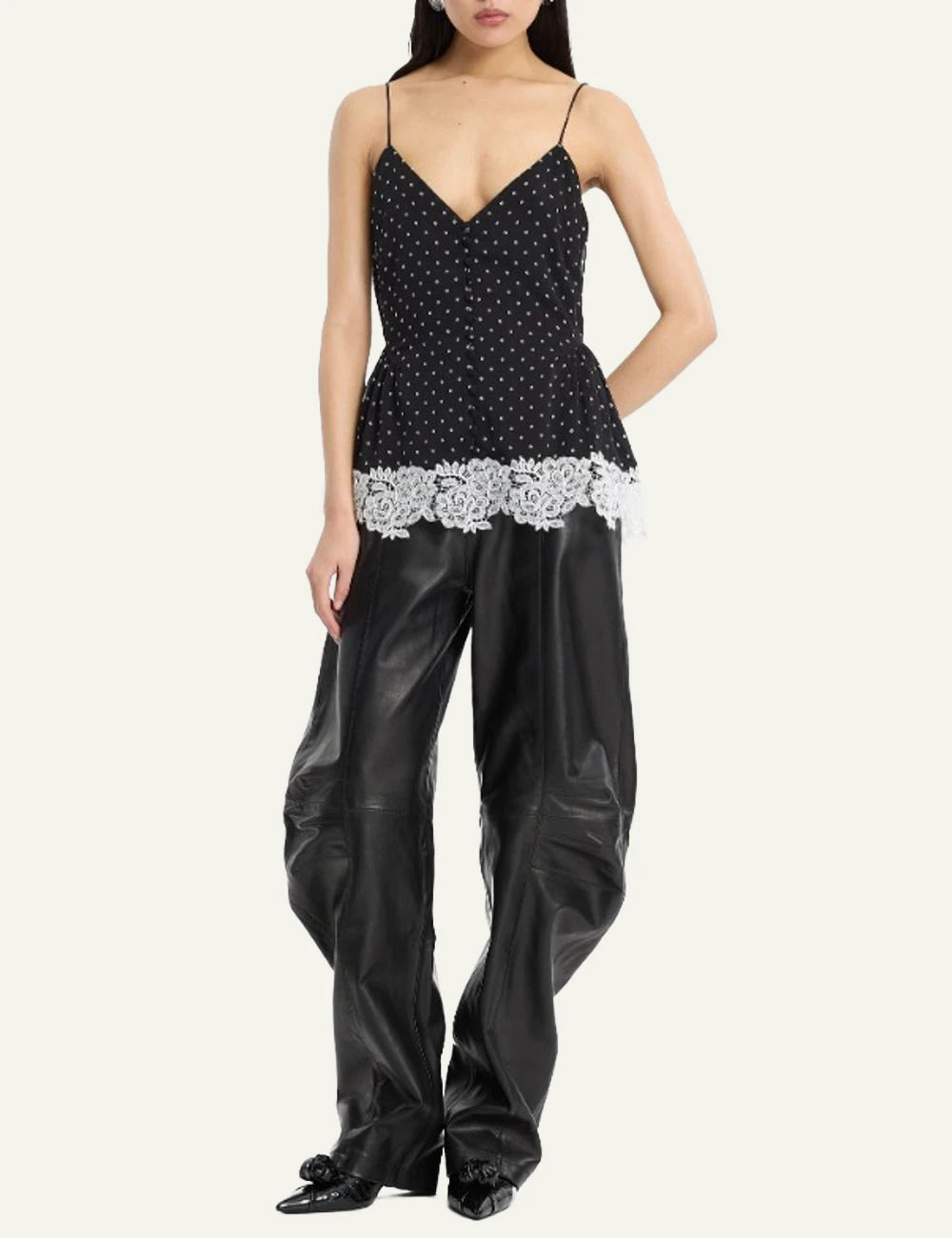 Rotate black floral camisole top with lace hem front view full look