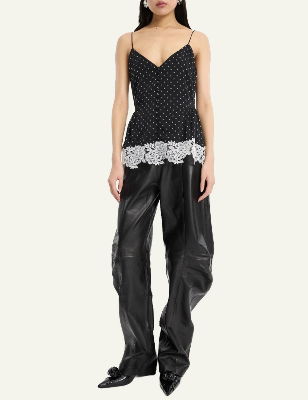 Rotate black leather cargo pants with sculpted wide leg design front view full look