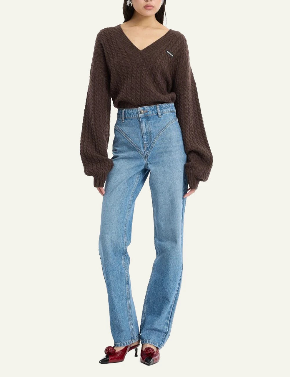 Rotate blue high waist cutline jeans with curved seam detail front view full look