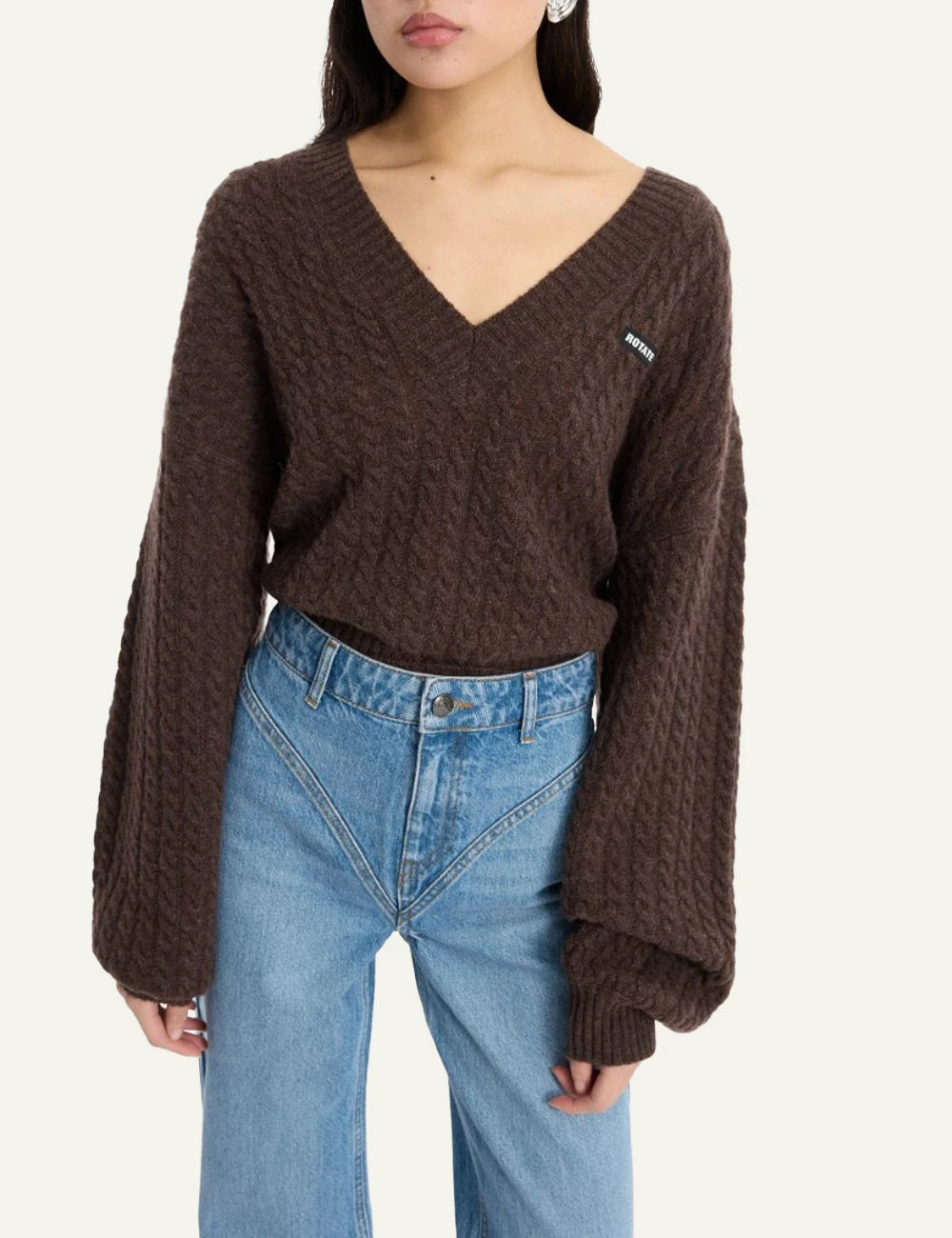 Rotate cable knit sweater dark brown front view close up