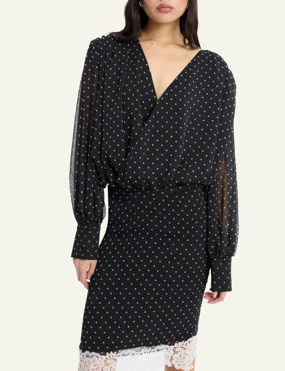 Rotate black floral ruched blouse with sheer sleeves front view close up