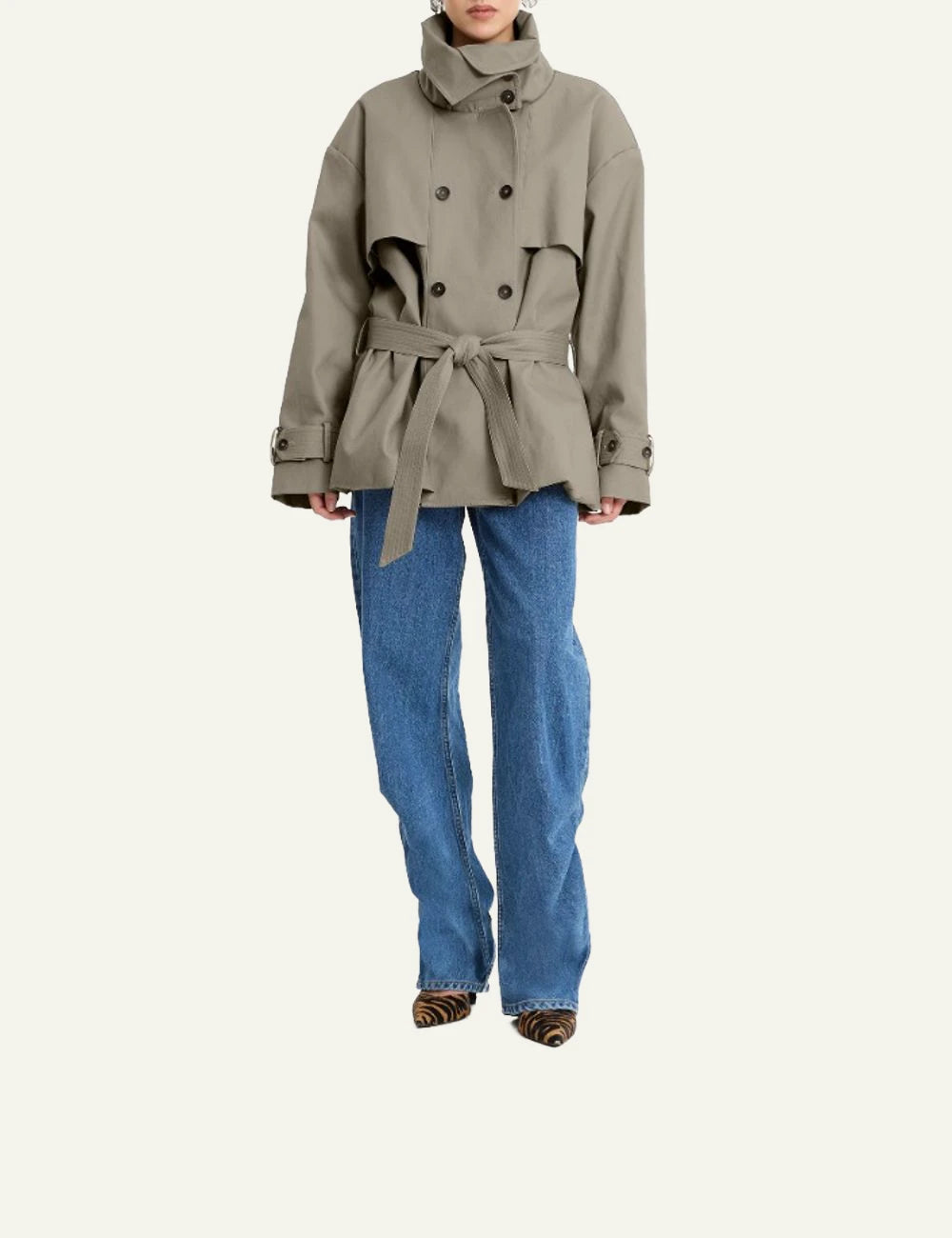 Rotate Short Trench Coat aluminum me belt kai high collar front view full body