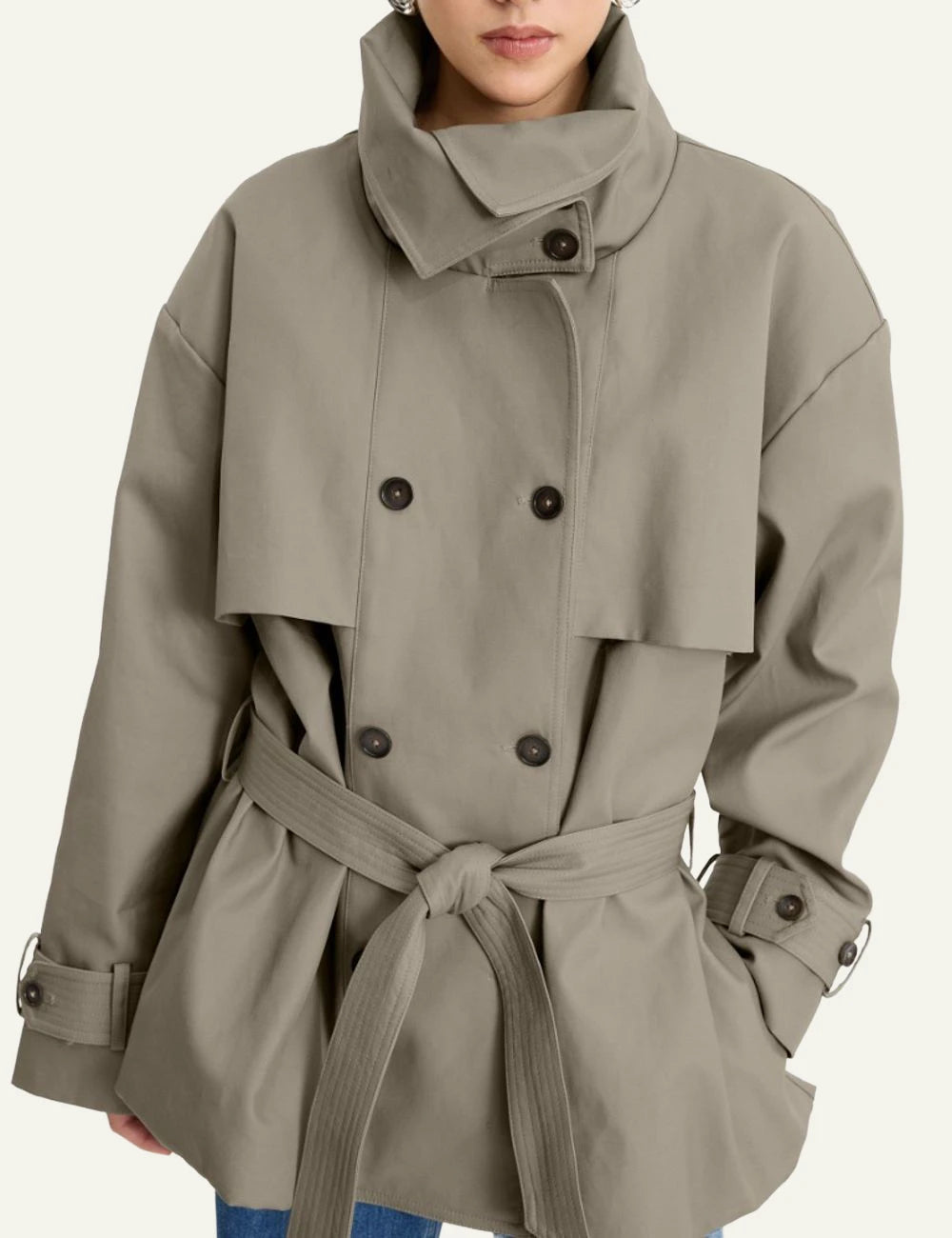 Rotate Short Trench Coat aluminum me belt kai high collar front view model