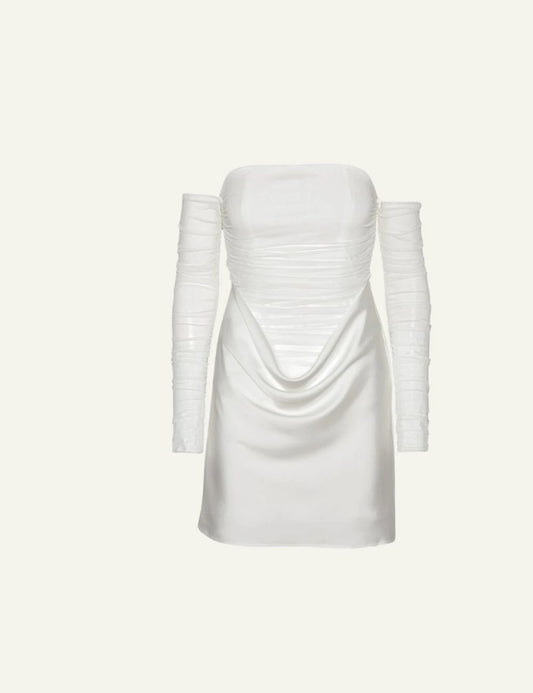 rotate ruched mini dress white egret off shoulder long sleeve front flat view