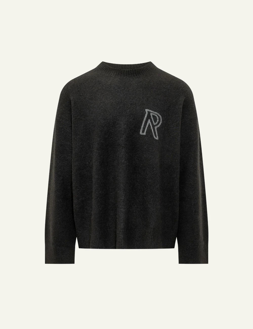 Rotate dark grey knit sweater embroidered logo front view