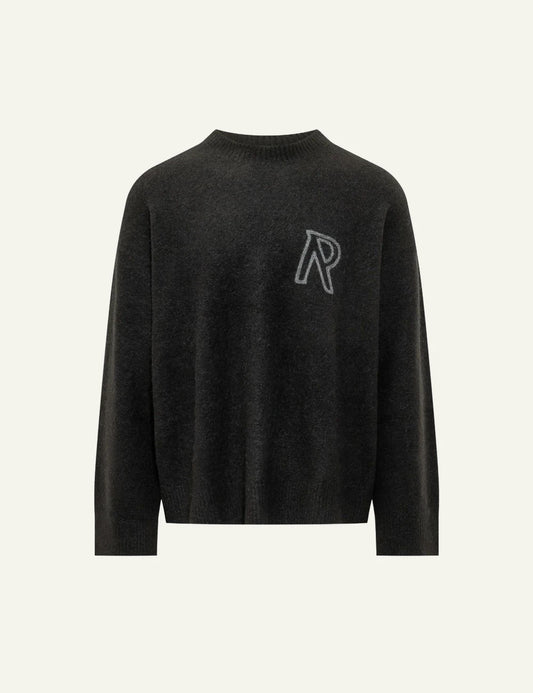 Rotate dark grey knit sweater embroidered logo front view
