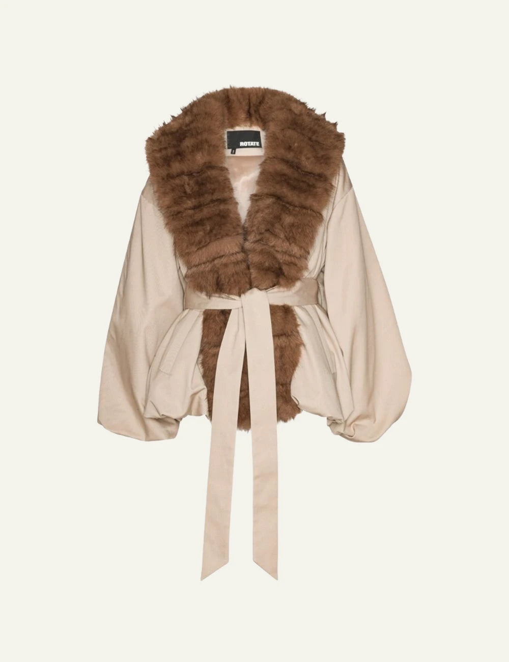 Women's Rotate beige jacket with brown faux fur collar and waist tie