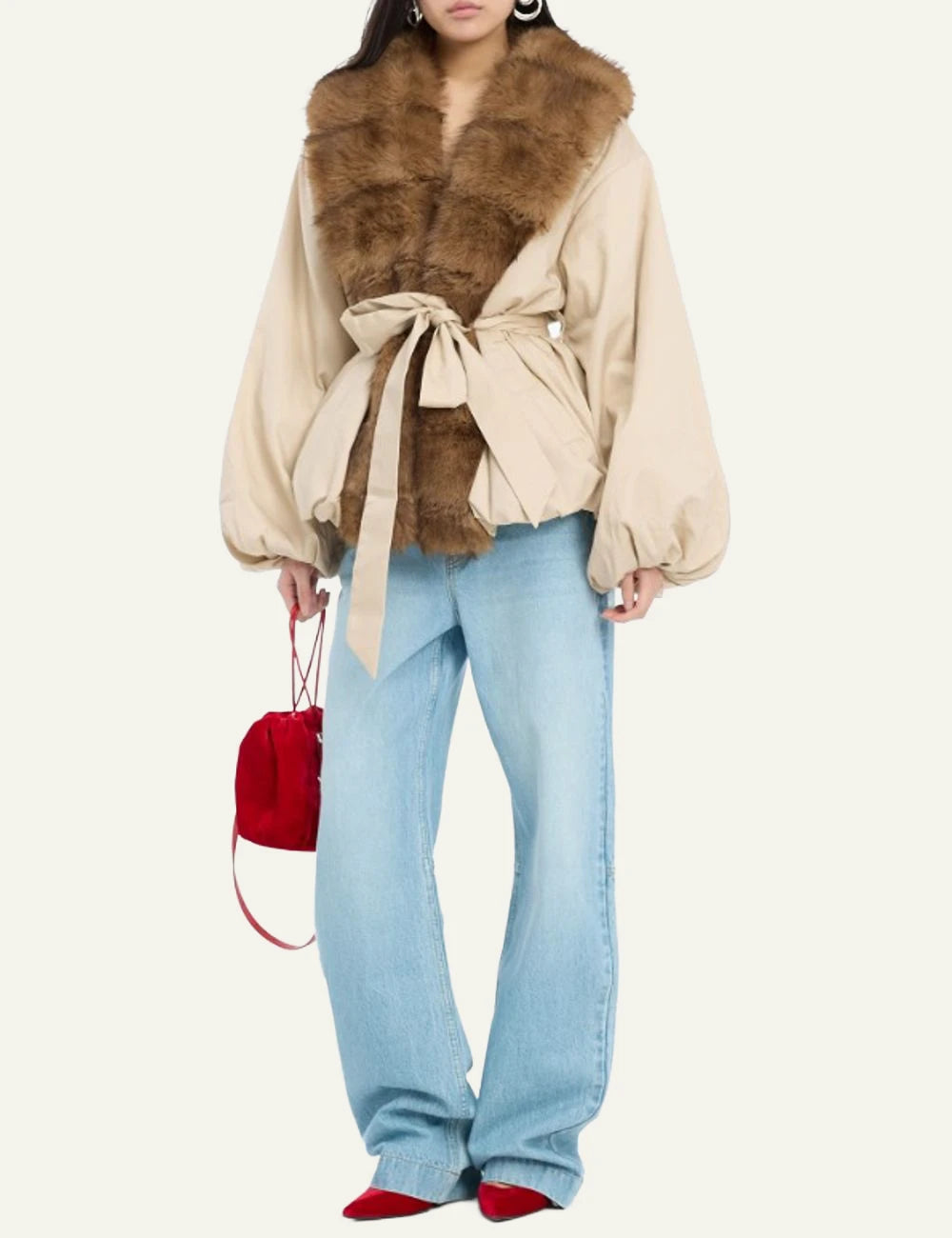 Women's Rotate beige jacket with brown faux fur collar and waist tie full 