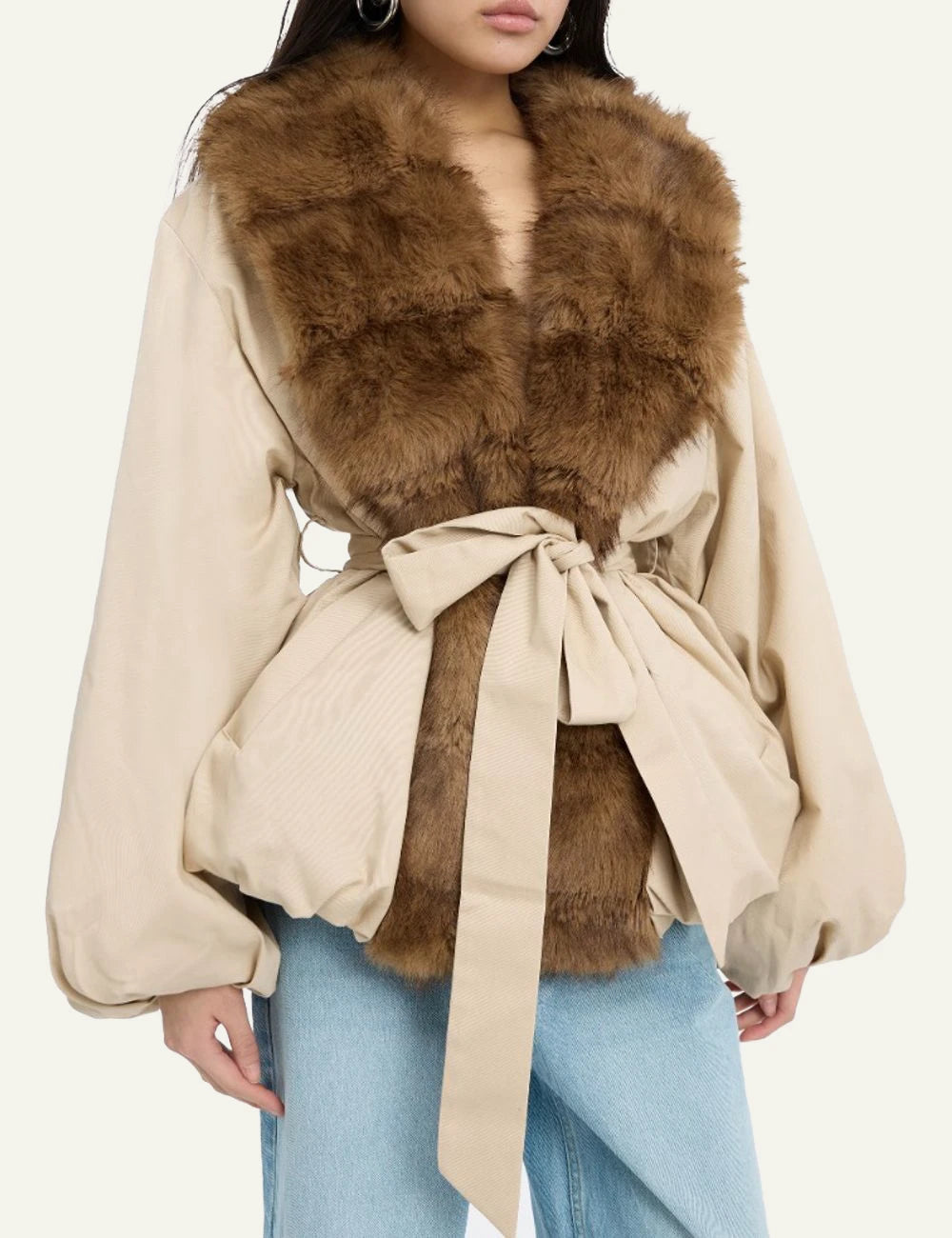 Women's Rotate beige jacket with brown faux fur collar and waist tie model