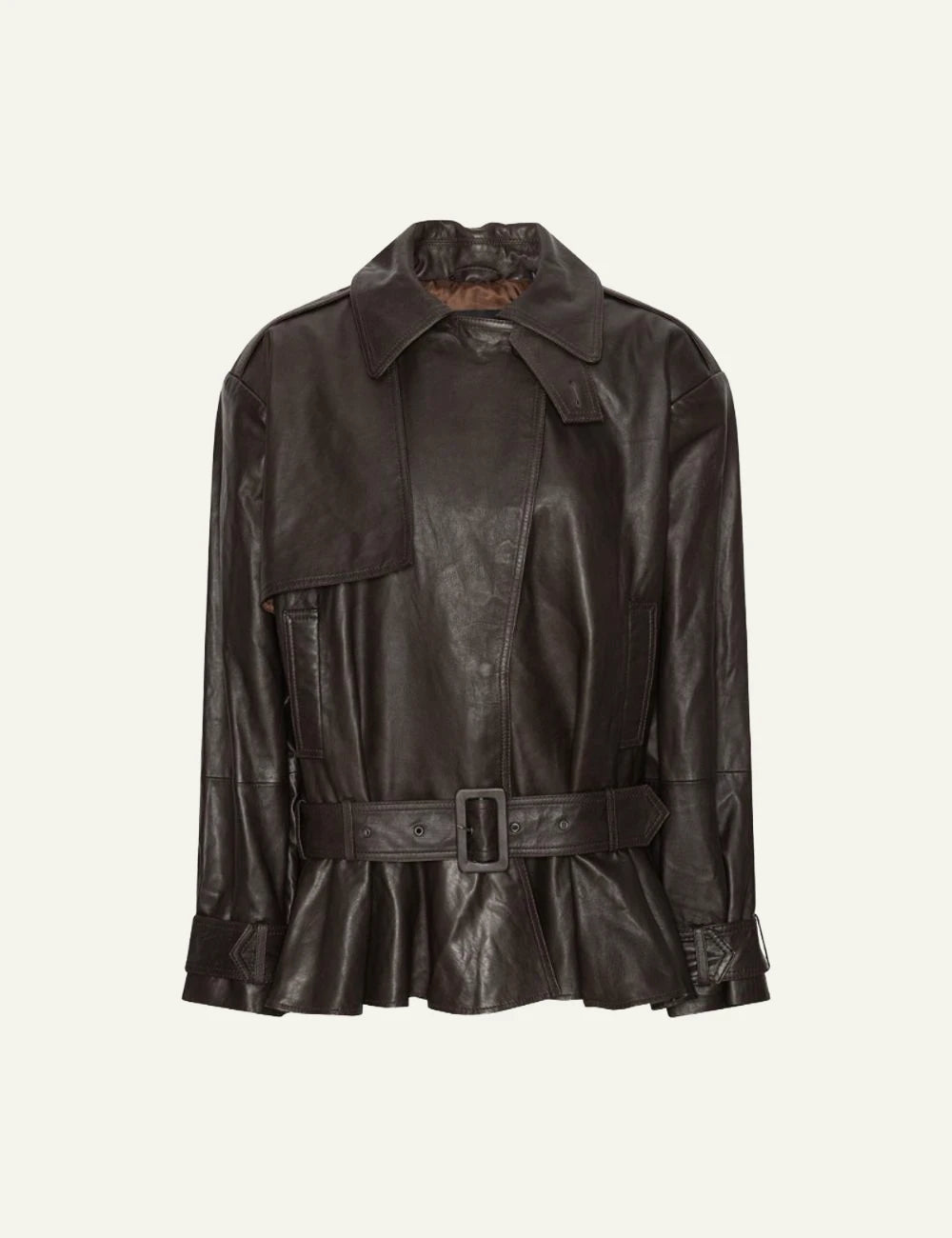 Rotate dark brown biker leather jacket with belted waist product view