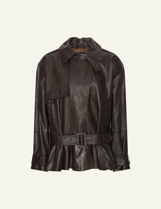 Rotate dark brown biker leather jacket with belted waist product view