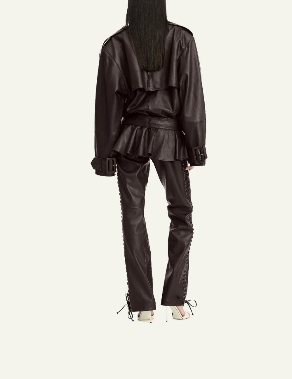 Rotate dark brown biker leather jacket with belted waist back view