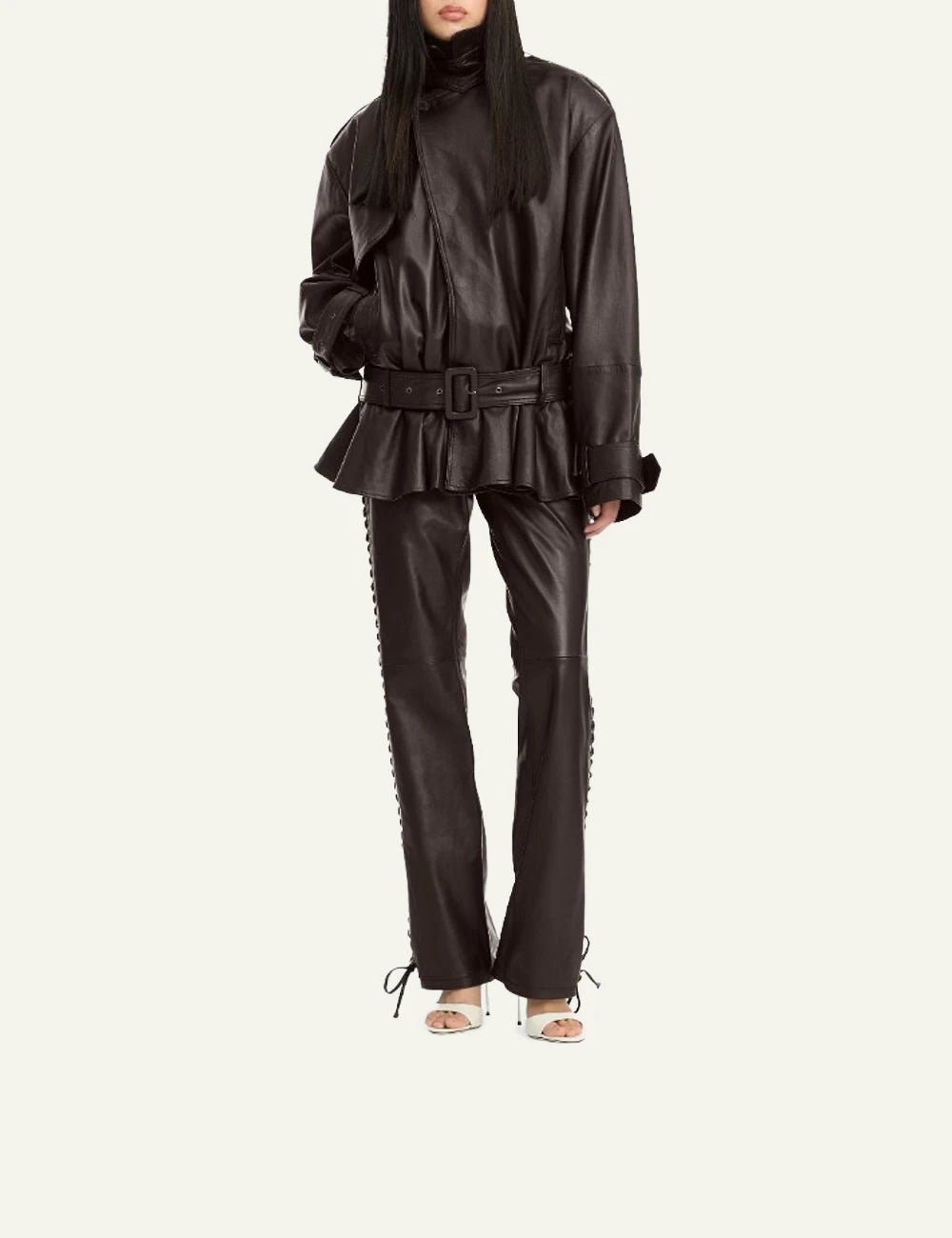 Rotate dark brown biker leather jacket with belted waist front view full look