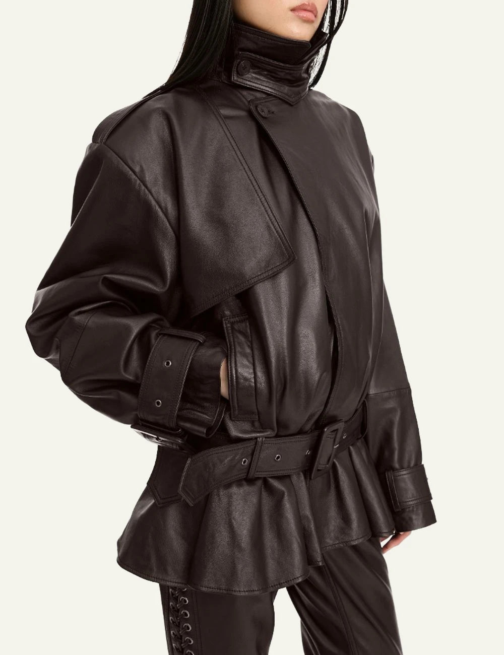 Rotate dark brown biker leather jacket with belted waist front view