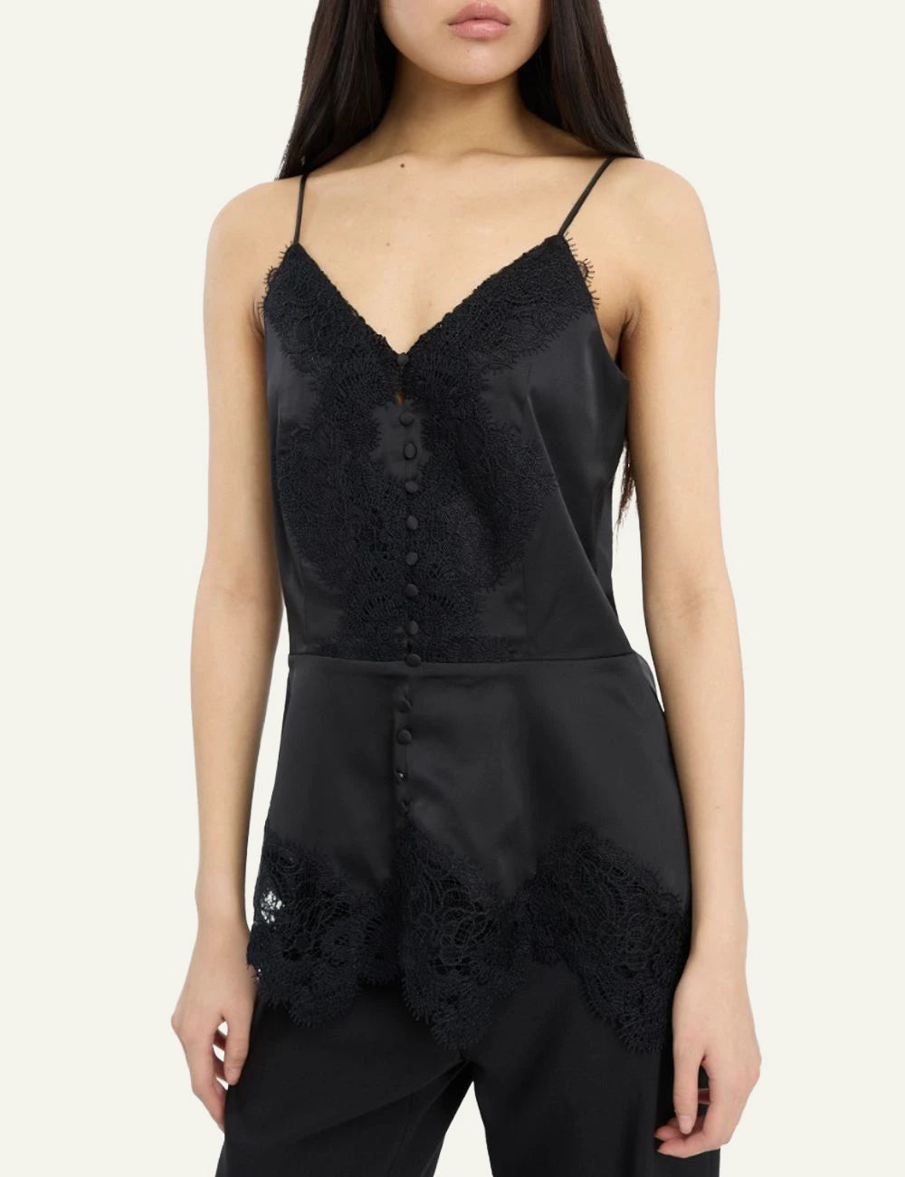 Women's Rotate black camisole lace top with V-neck and lace trim model