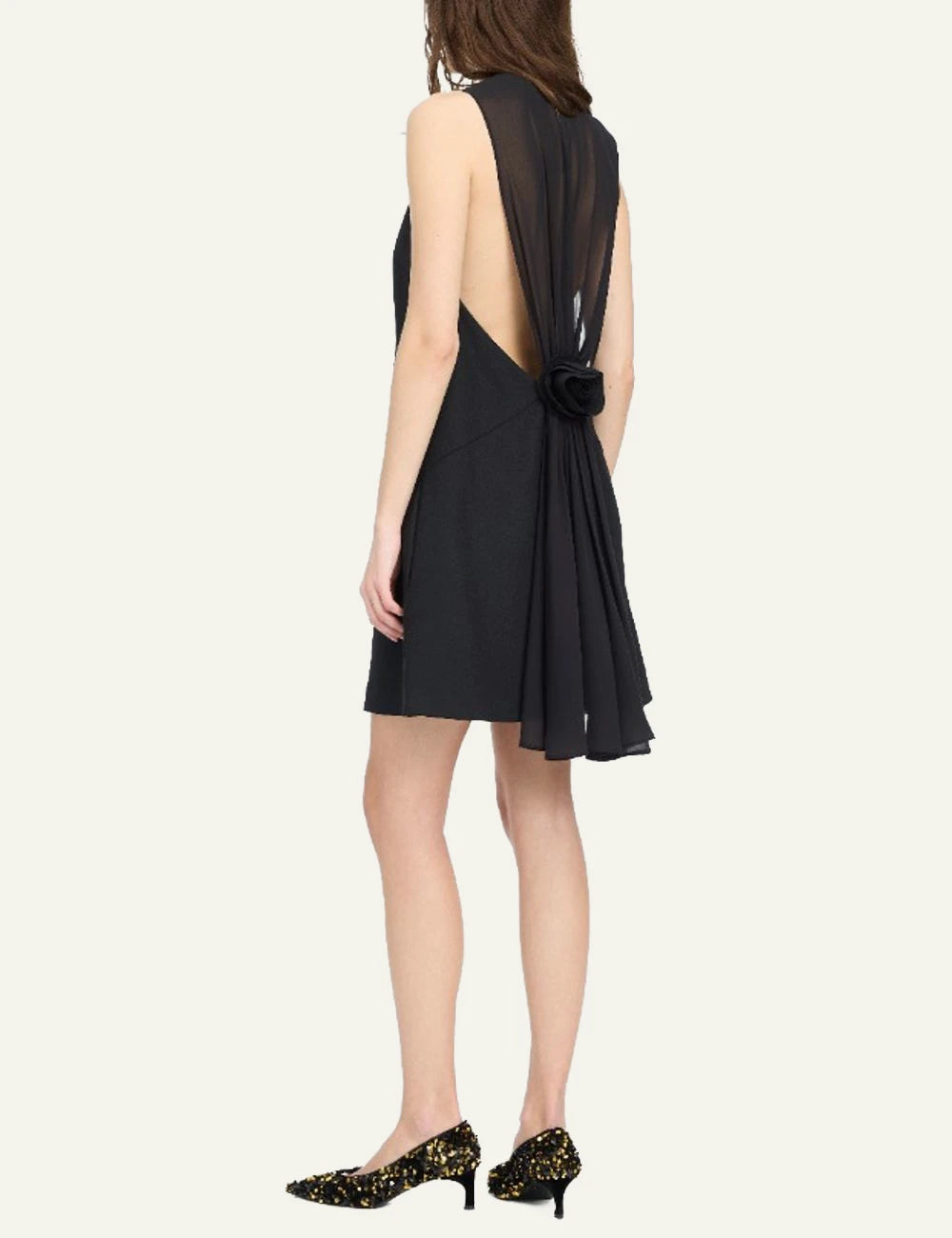 Women's Rotate black crepe A-line mini dress with open back and draped chiffon back
