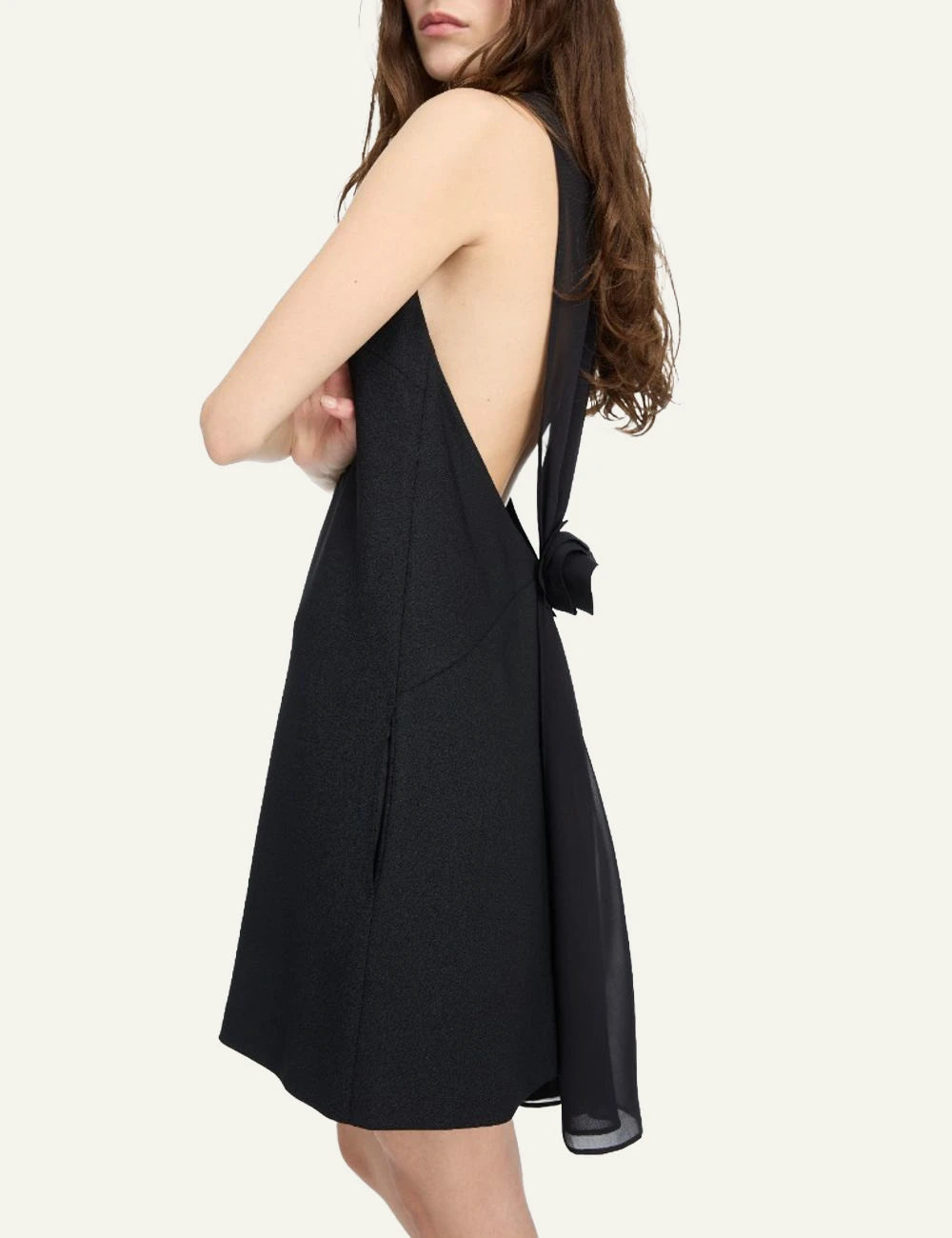Women's Rotate black crepe A-line mini dress with open back and draped chiffon side