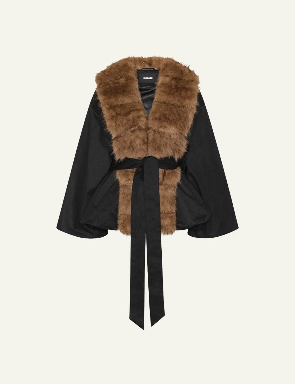 Women's Rotate black jacket with brown faux fur collar and waist tie