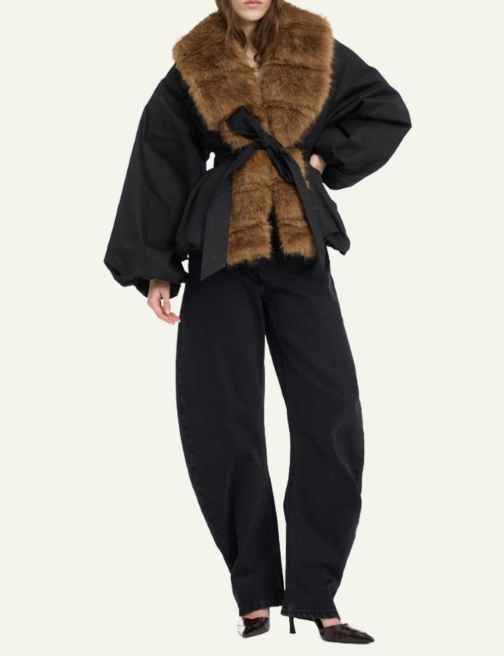 Women's Rotate black jacket with brown faux fur collar and waist tie full