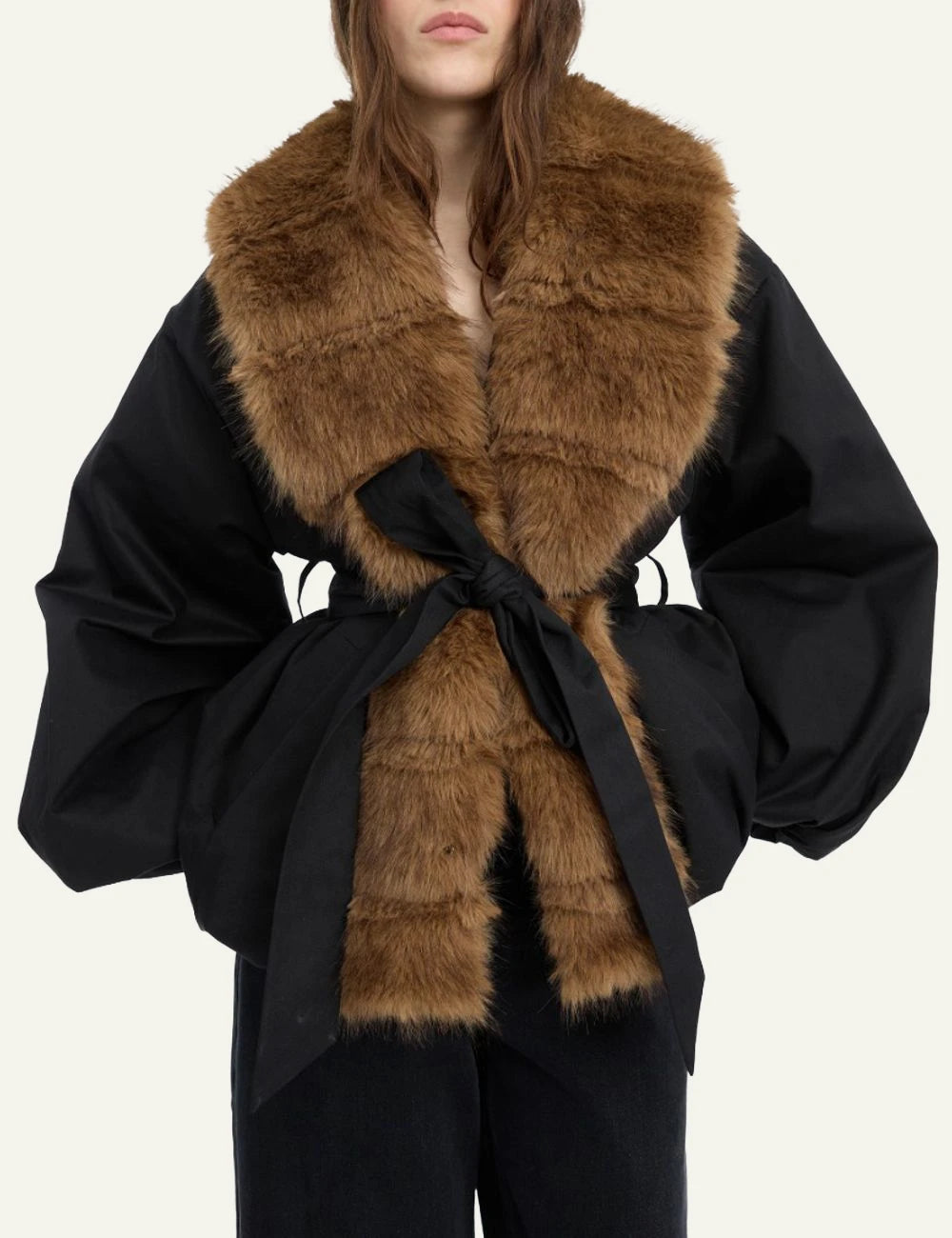 Women's Rotate black jacket with brown faux fur collar and waist tie model