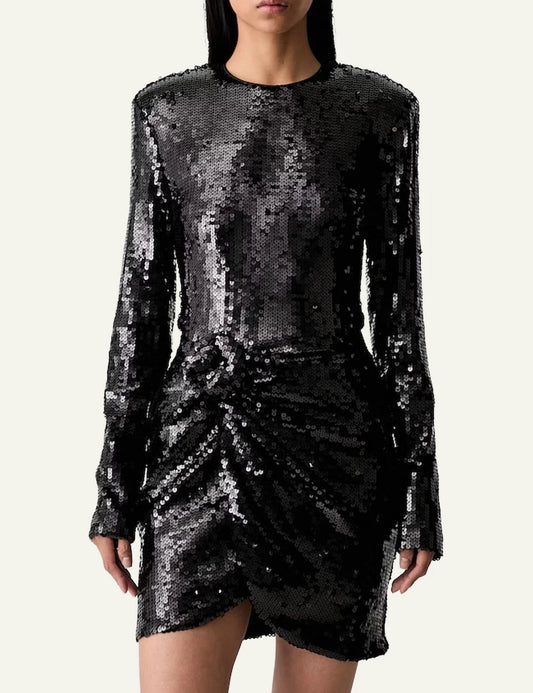 Women's Rotate black sequin mini dress with long sleeves and ruched front detail