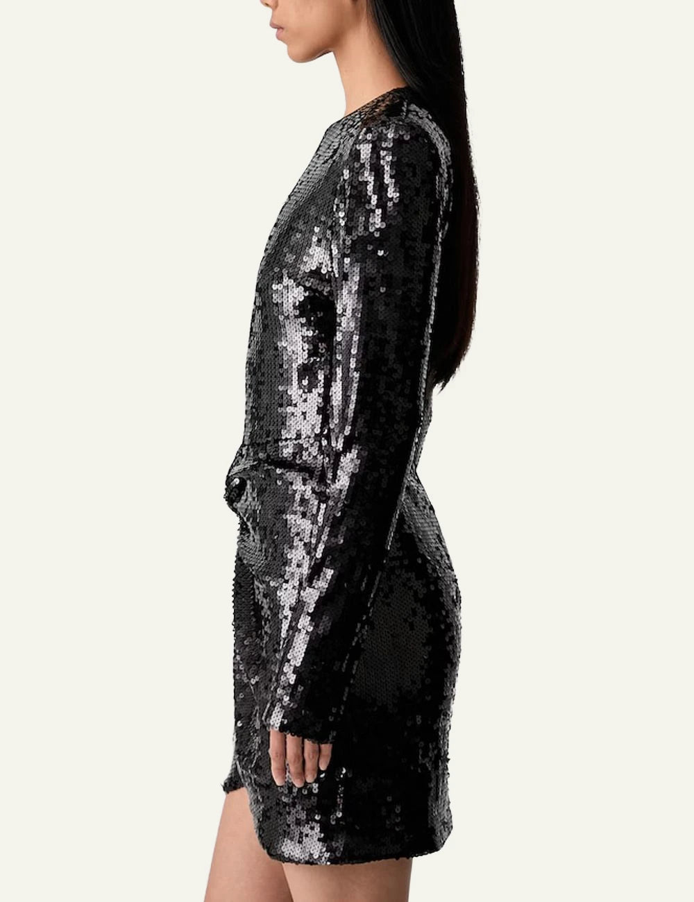 Women's Rotate black sequin mini dress with long sleeves and ruched  side