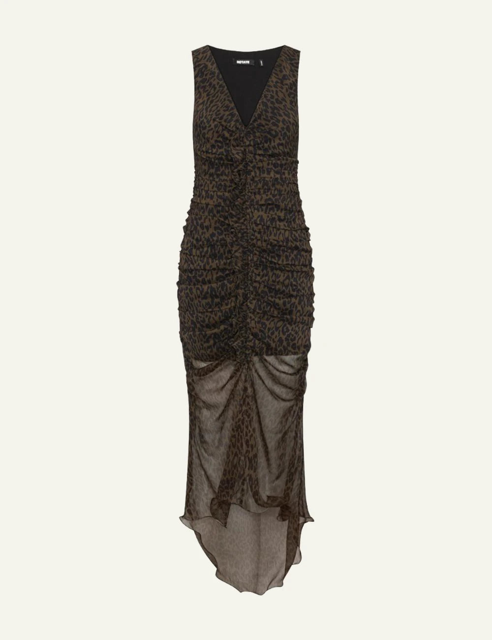 Women's Rotate dark brown leopard print ruched midi dress with asymmetrical hem