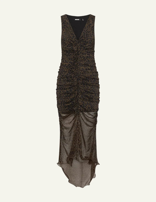 Women's Rotate dark brown leopard print ruched midi dress with asymmetrical hem