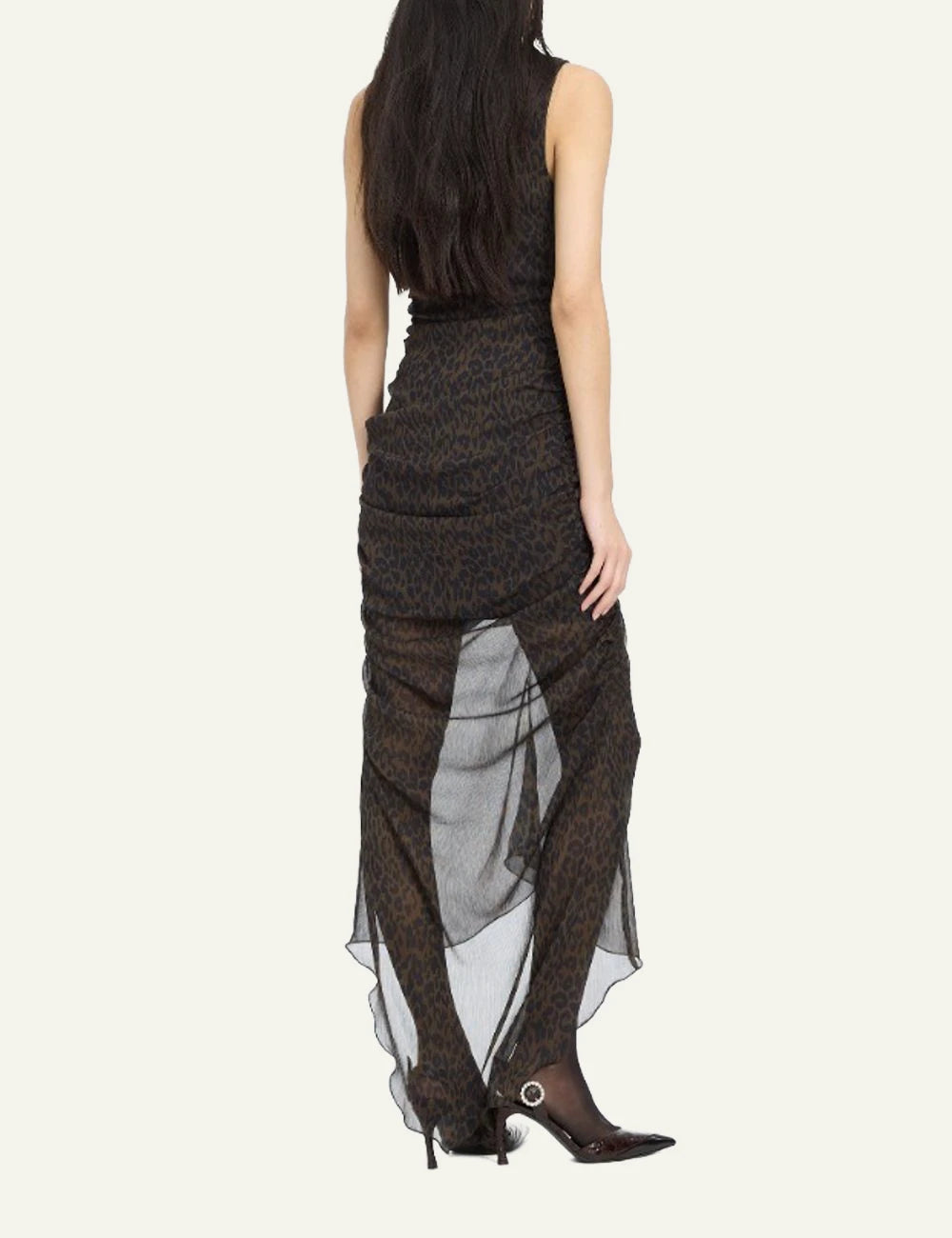 Women's Rotate dark brown leopard print ruched midi dress with asymmetrical hem back
