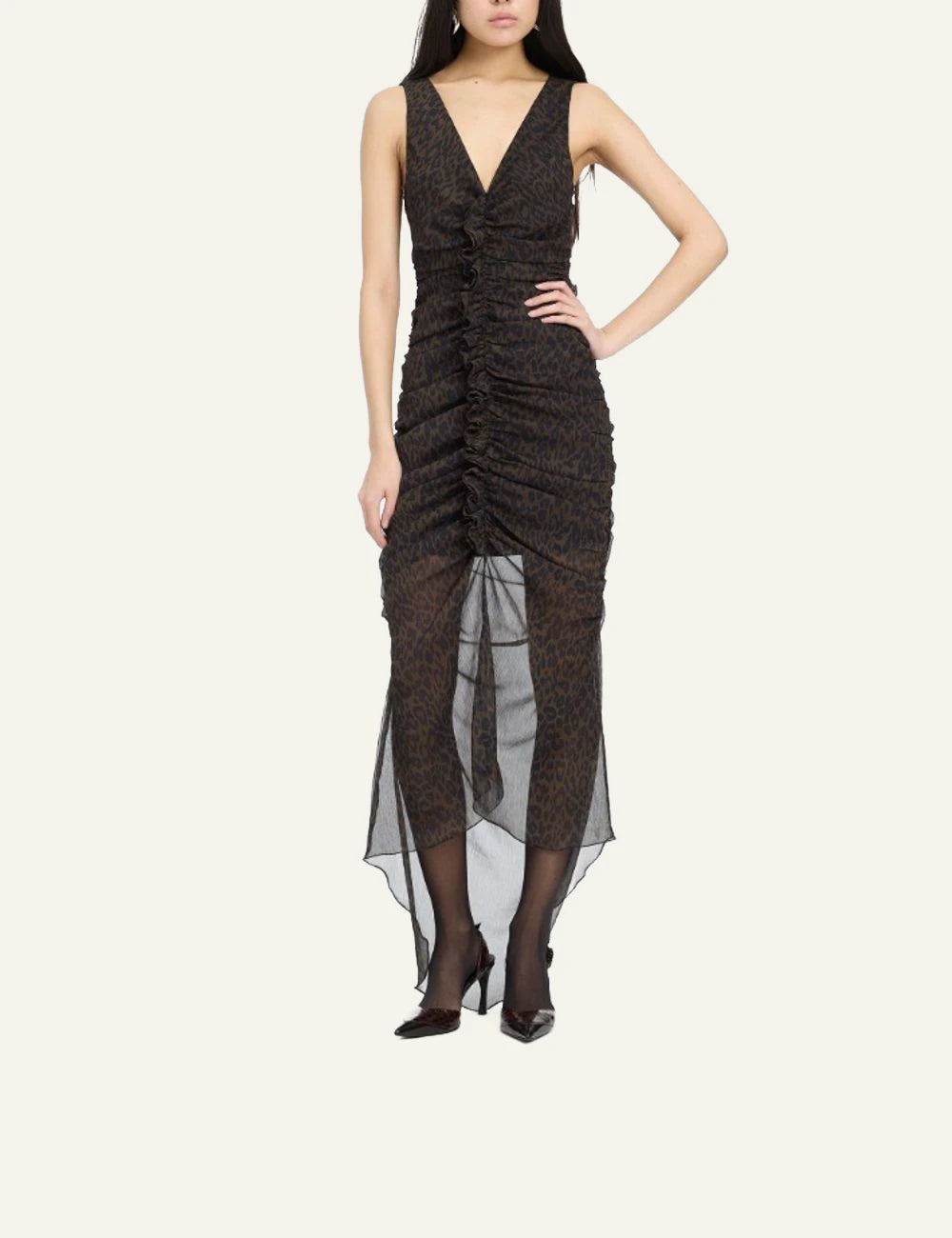 Women's Rotate dark brown leopard print ruched midi dress with asymmetrical hem full body