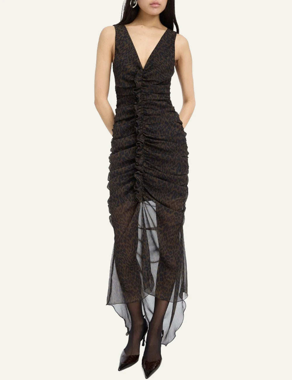 Women's Rotate dark brown leopard print ruched midi dress with asymmetrical hem model