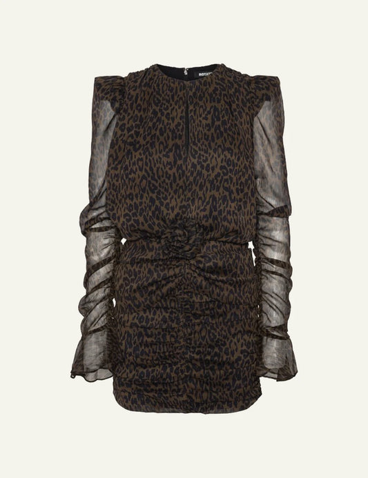 Women's Rotate dark brown leopard print ruched mini dress with floral waist 