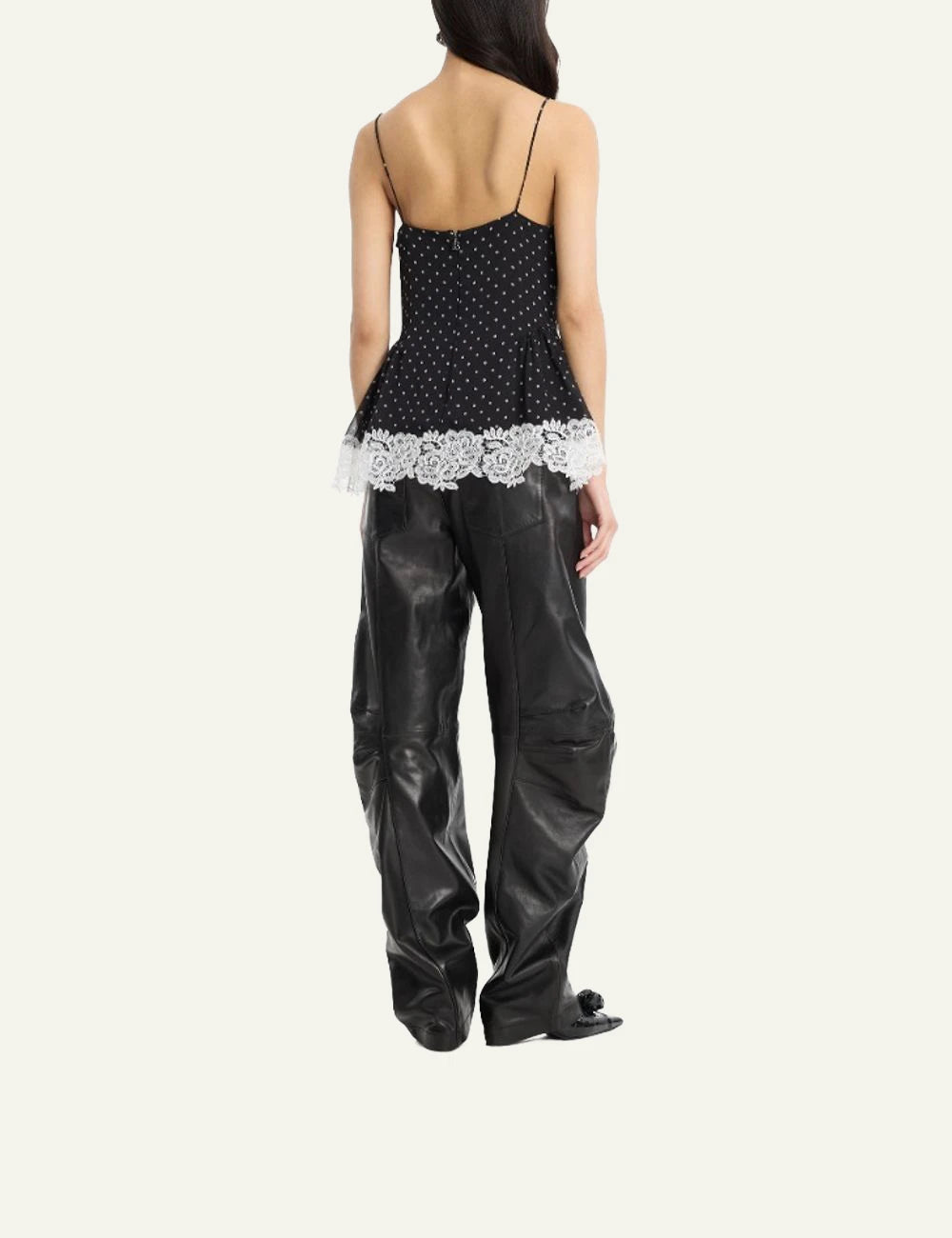 Rotate black leather cargo pants with sculpted wide leg design back view