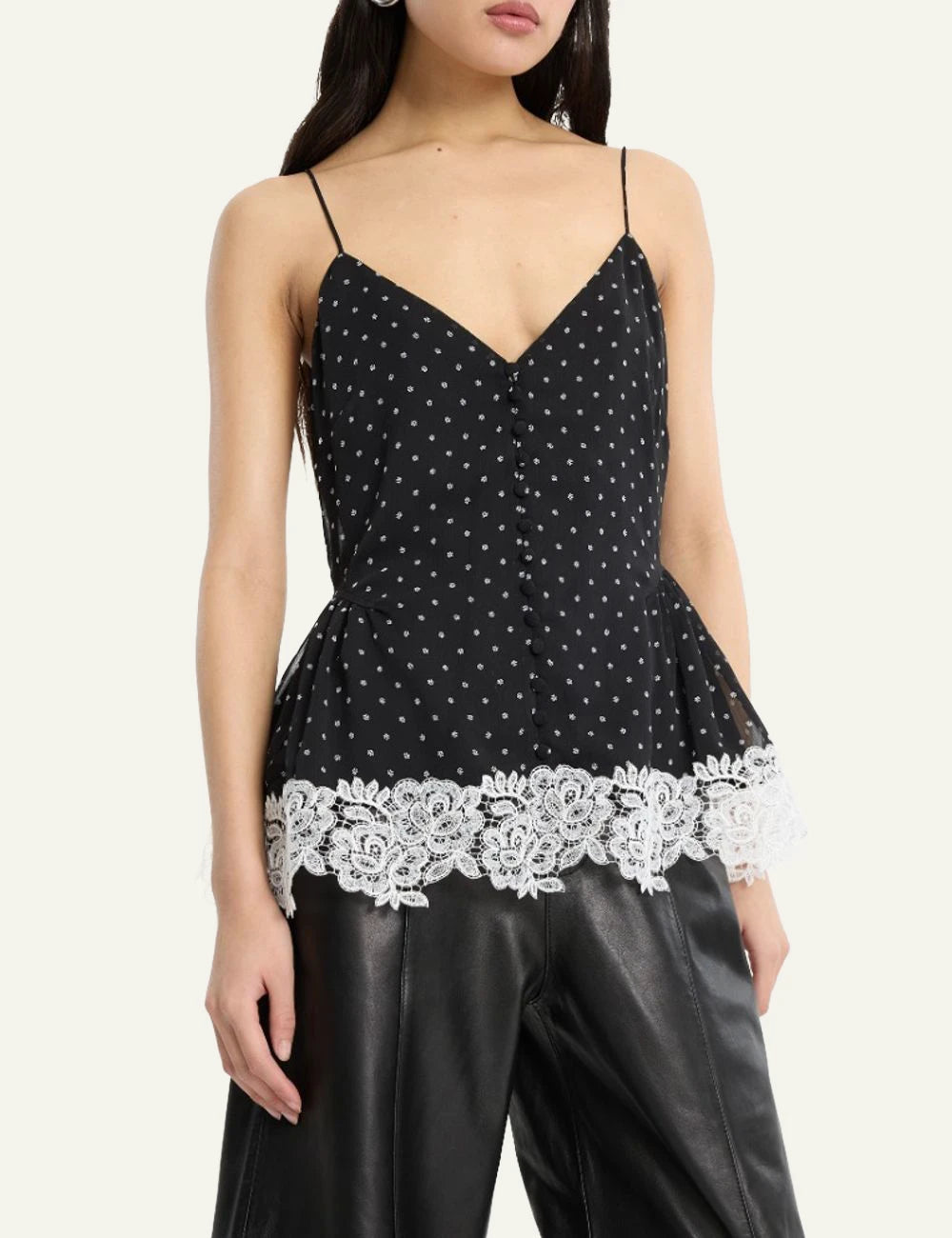 Rotate black floral camisole top with lace hem front view