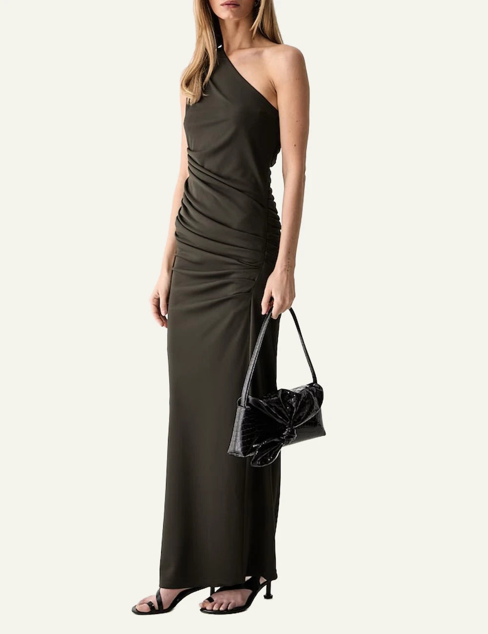 Women's Rotate olive green one-shoulder draped maxi dress side