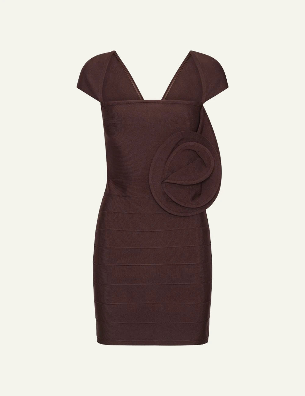 Women's Rotate Rose Cap Sleeve mini dress in dark brown with decorative rose detail